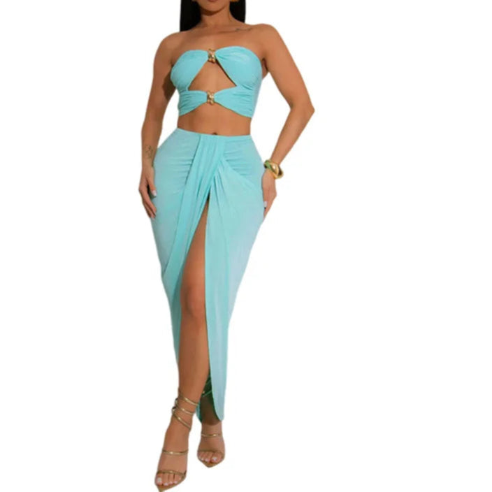 Hollow Metal Buckle 2 Piece Set Resort Wear Women Y2K Split Maxi Skirt Matching Clubwear Outfits