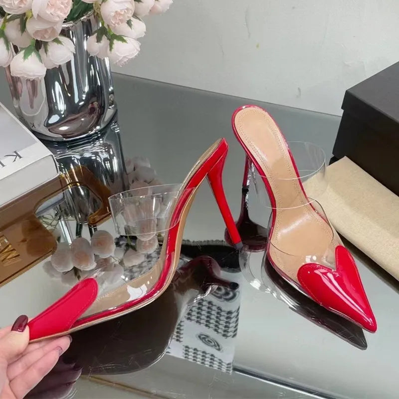Transparent PVC Mixed-color Women Pumps Elegant Pointed toe Thin High heels Slingbacks Mules Party Prom Shoes