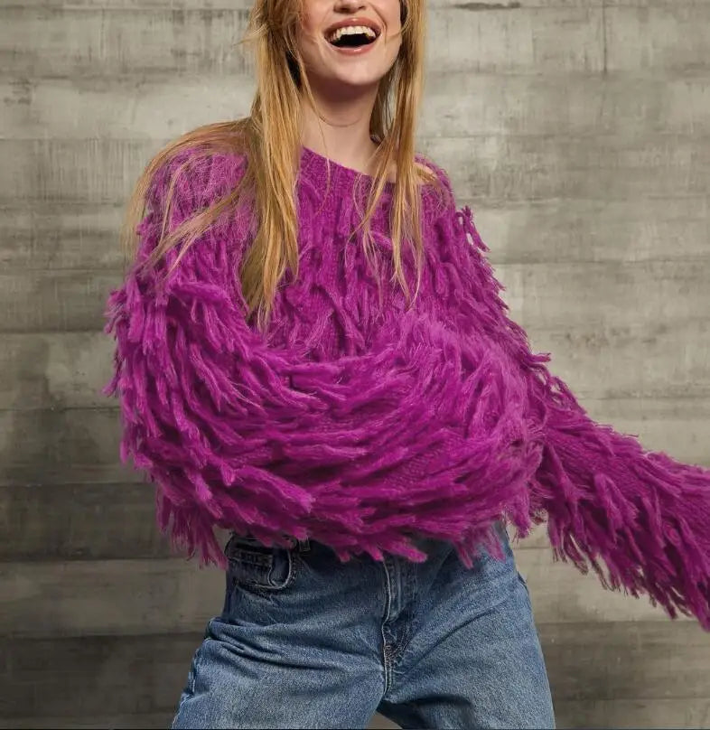 Tassels Design Solid Color Sweater Women Loose Knitted Pullover Jumper