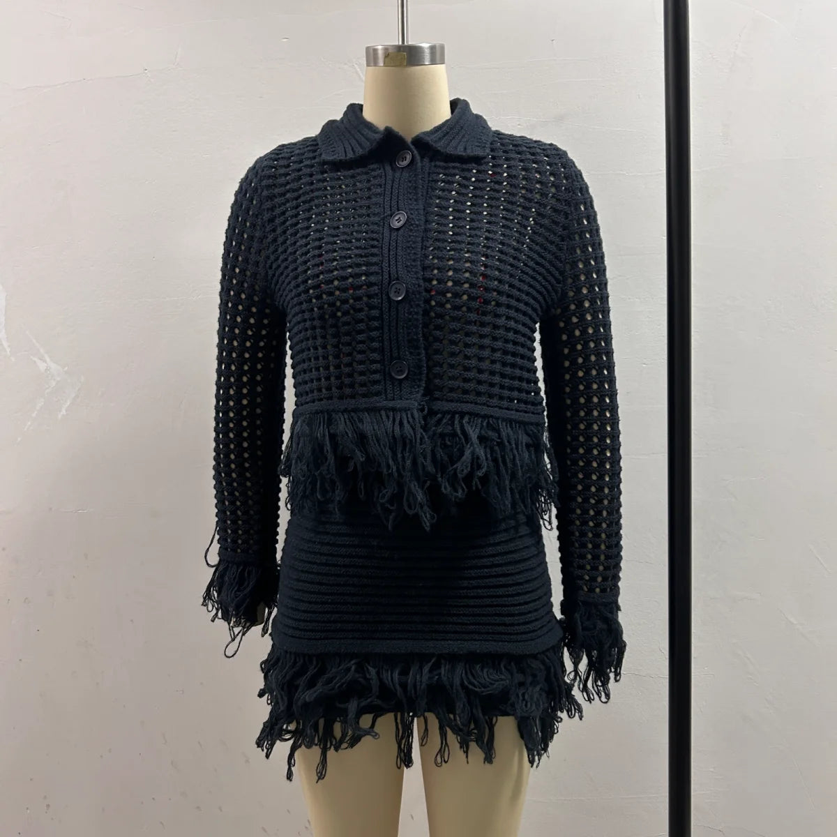 Vintage Women Knitted Hollow Out Tassel Mini Skirt Set Cardigan+Fringe Mini Skirt