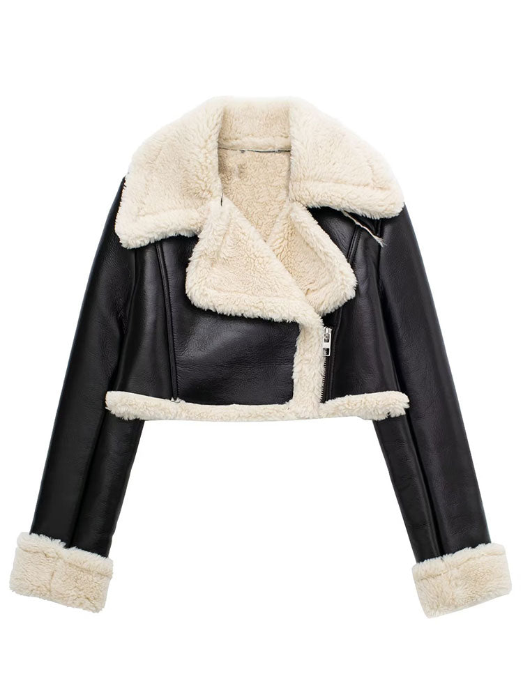 Women Solid Front Zipper Jackets Vintage Lapel Neck Long Sleeves Jacket