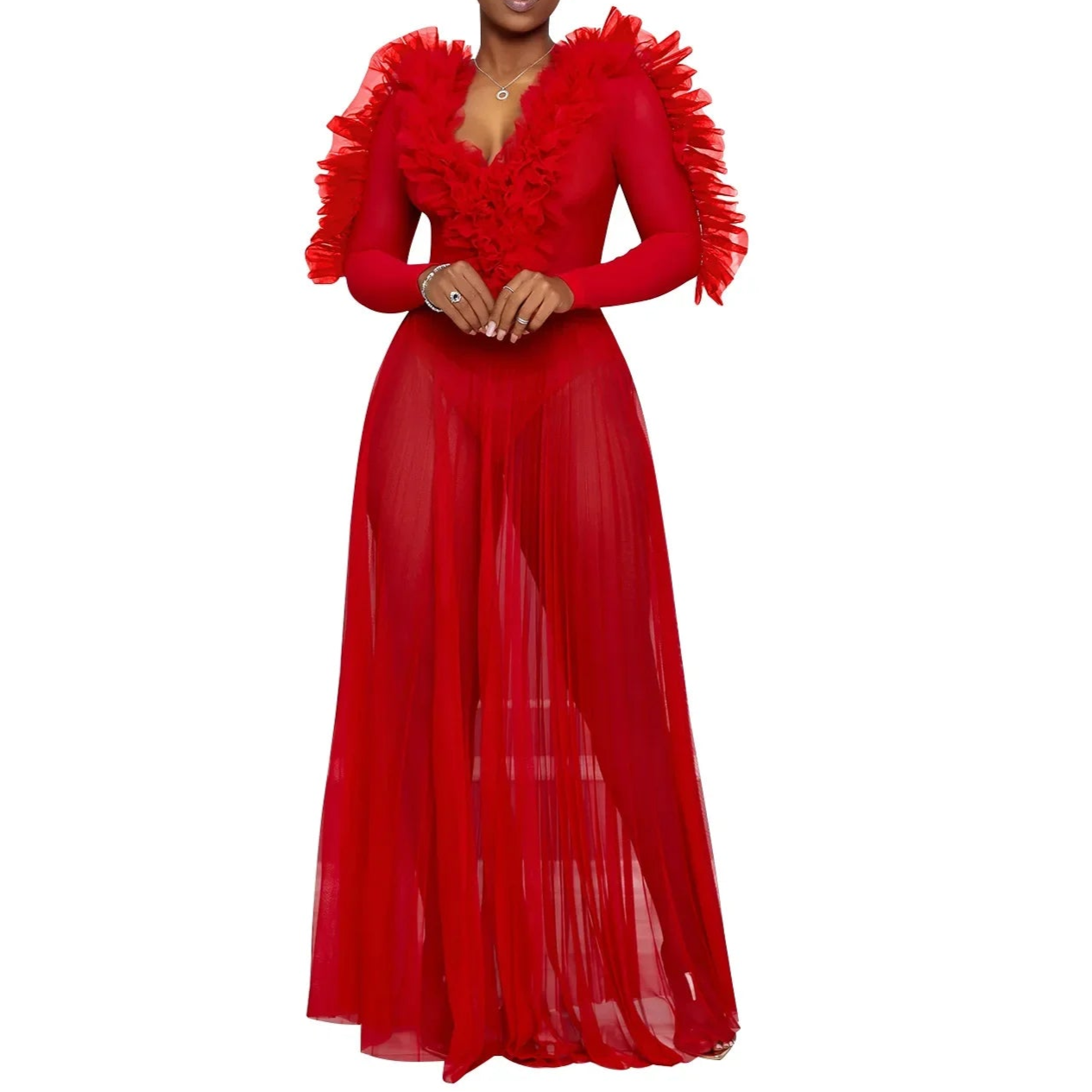 Women Selvedge Ruffles Full Sleeve V-neck Long Maxi Dress Birthday Mesh See Through Party Evening Dress