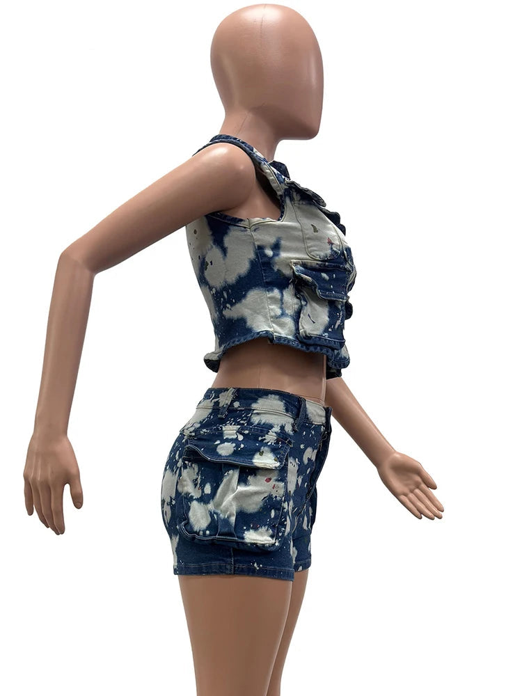 Printed Blue Denim Two 2 Pieces Women's Set Sleeveless Zipper Jacket Crop and Shorts