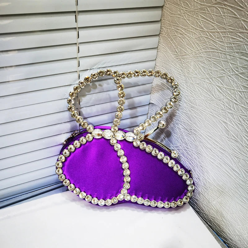 White Rhinestone Pink Butterfly Wedding Evening Clutches Party Prom Purse