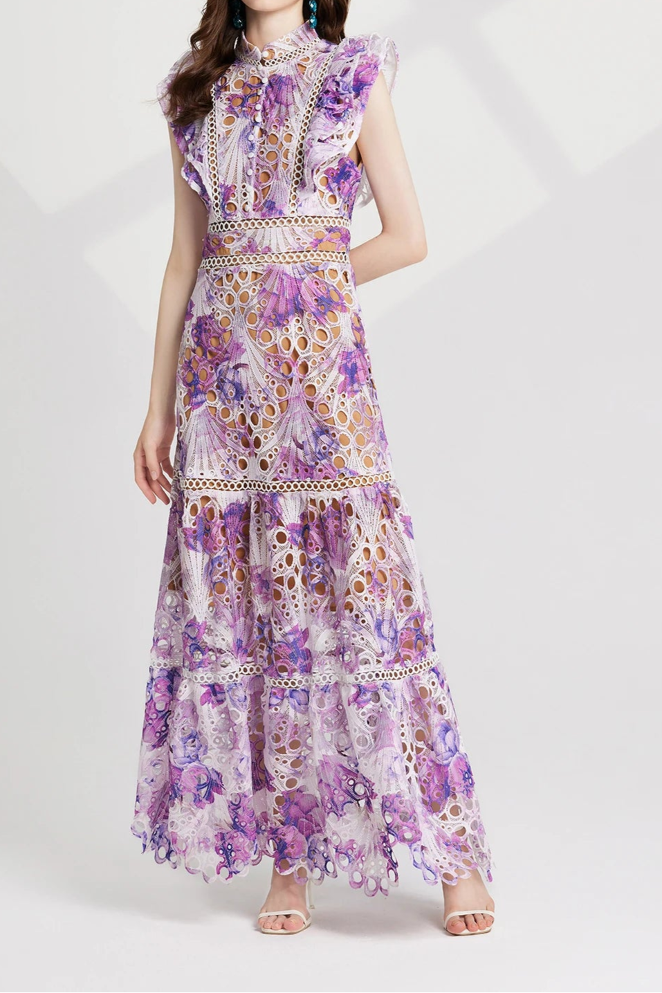 Flower Embroidery Maxi Wedding Guest Dress Women Flare Ruffles Sleeve Neck Colorful Long Robe