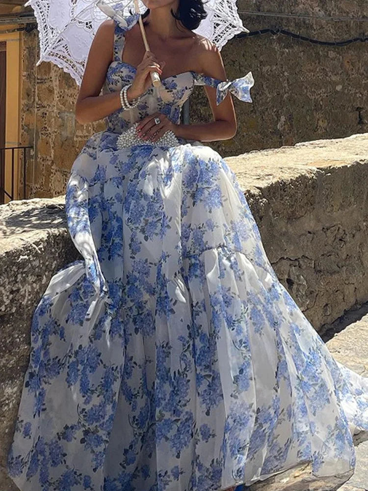 Floral Print Sleeveless Elegant Maxi Party Dress Women Backless Fit Flare Swing Maxi Dress