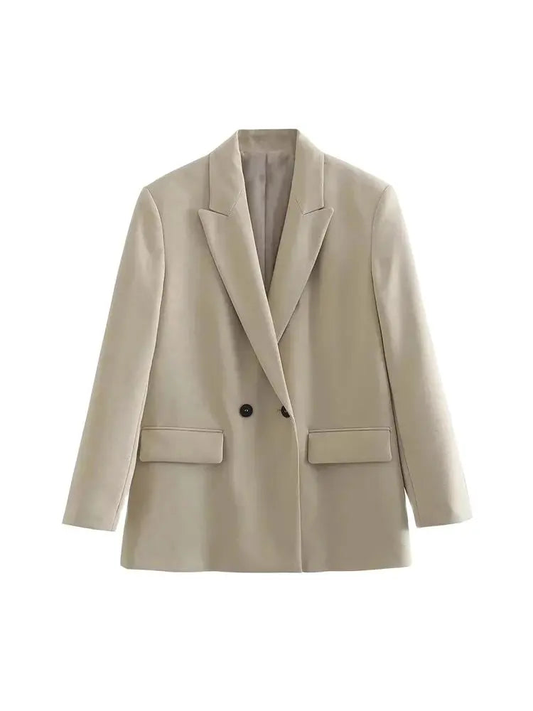Women Double Breasted Loose Fitting Blazer Coat Vintage Long Sleeve Pockets Female Outerwear Blazer