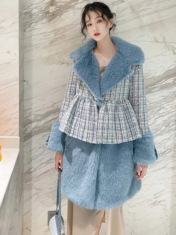Winter Fur Coat Women Luxury Sequined Wool Faux Fur Long Jacket Fluffy Overcoat