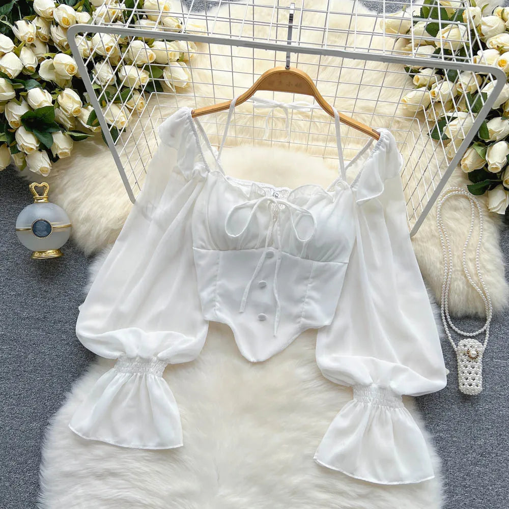 Flare Sleeve Women Top Ruffle Solid Elastic Waist Halter Backless Chiffon Blouse