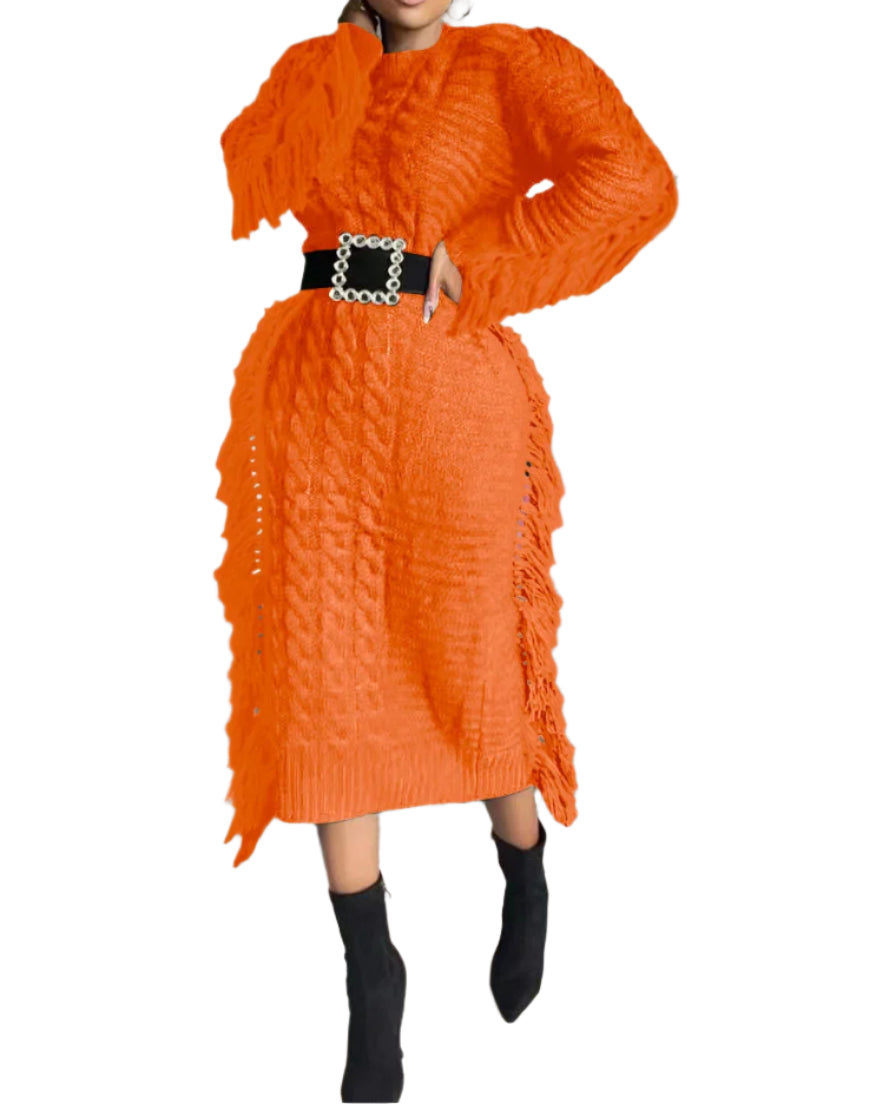 Women Long Sleeve Tassel Bodycon Midi Knit Dress O-neck Sweater Dress