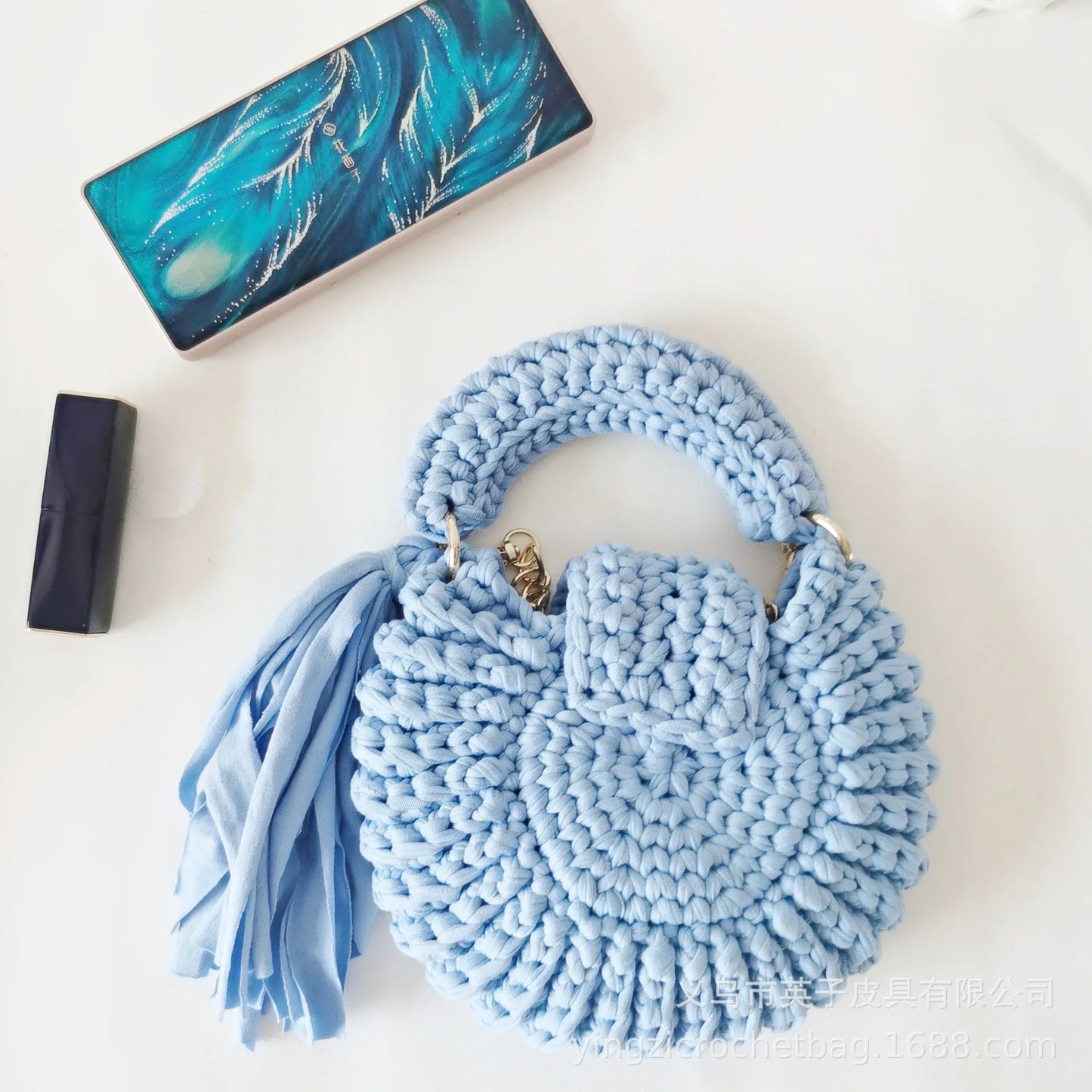 Bohemian Women's Solid Color Hook Knit Bag Round Fringed Small Crossbody Bag Soft Material