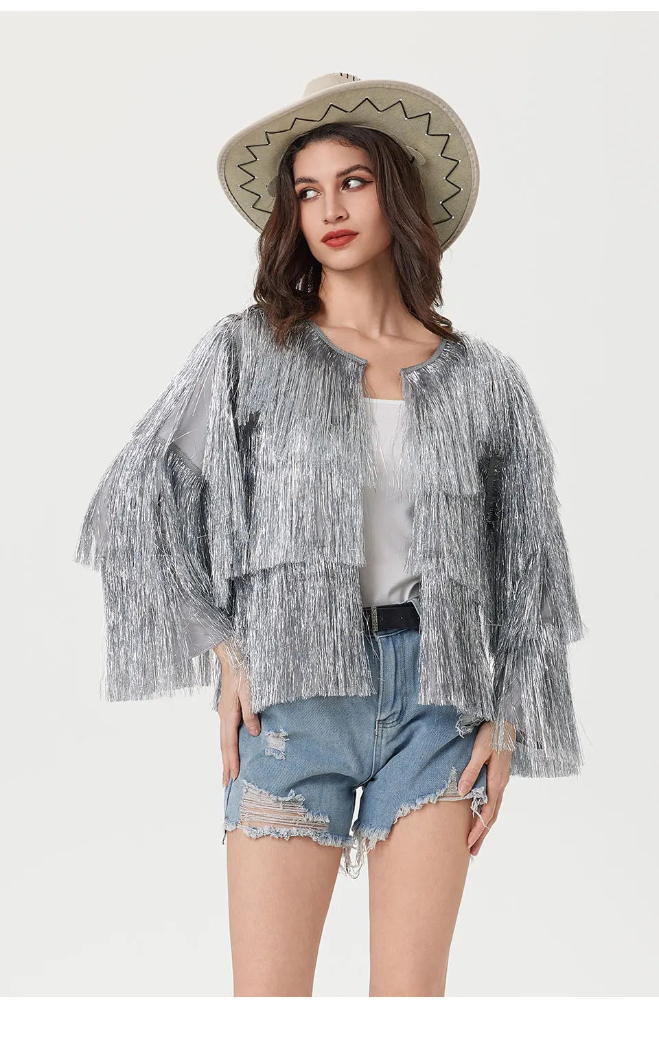 Tinsel Women Coat Temperament Club Coat Long Sleeve Trendy Fashion Sequins Tassel Jacket