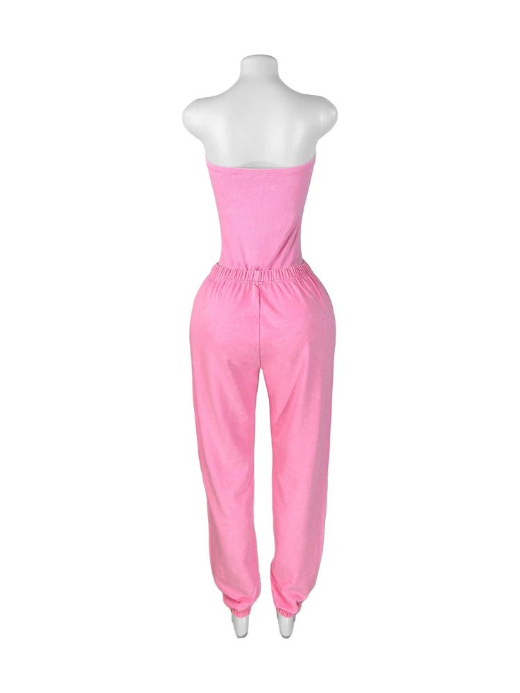 Sexy Washed Strapless Bodysuit and Jogger Pants Set for Women Trendy Two Piece Jogging Suit Sets