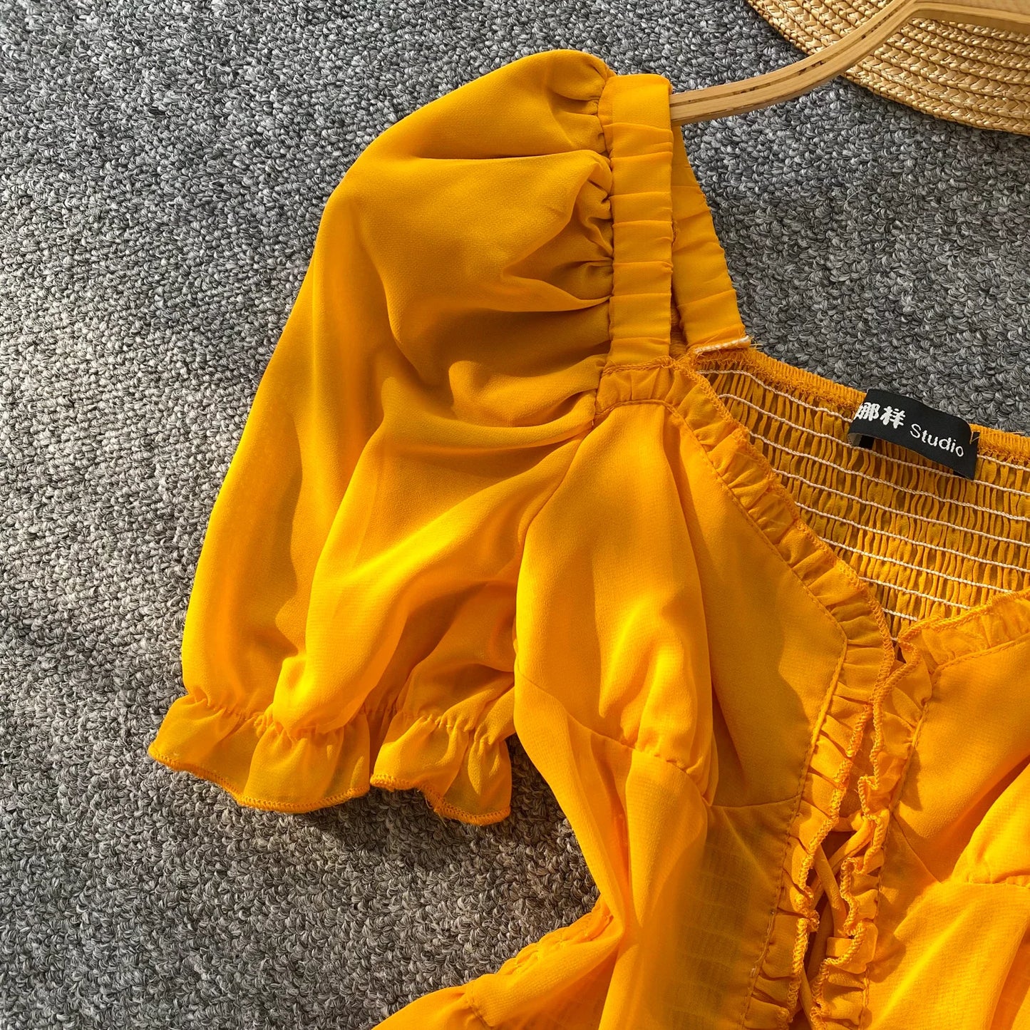 French Style Chiffon Blouse Square Neck Short Sleeves Ruffles Lace Up Beach Top