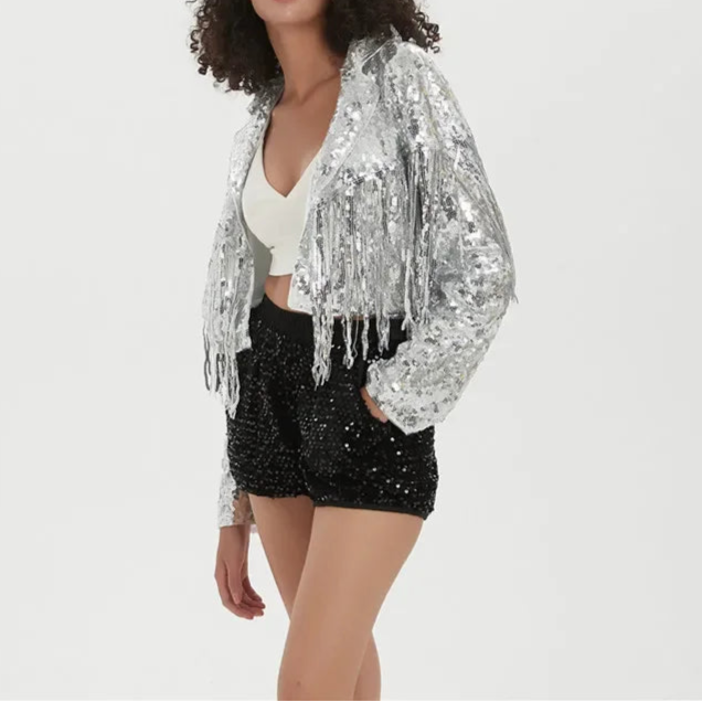 New Long Sleeve Sequin Tassel Patchwork Coat Cardigan Jacket