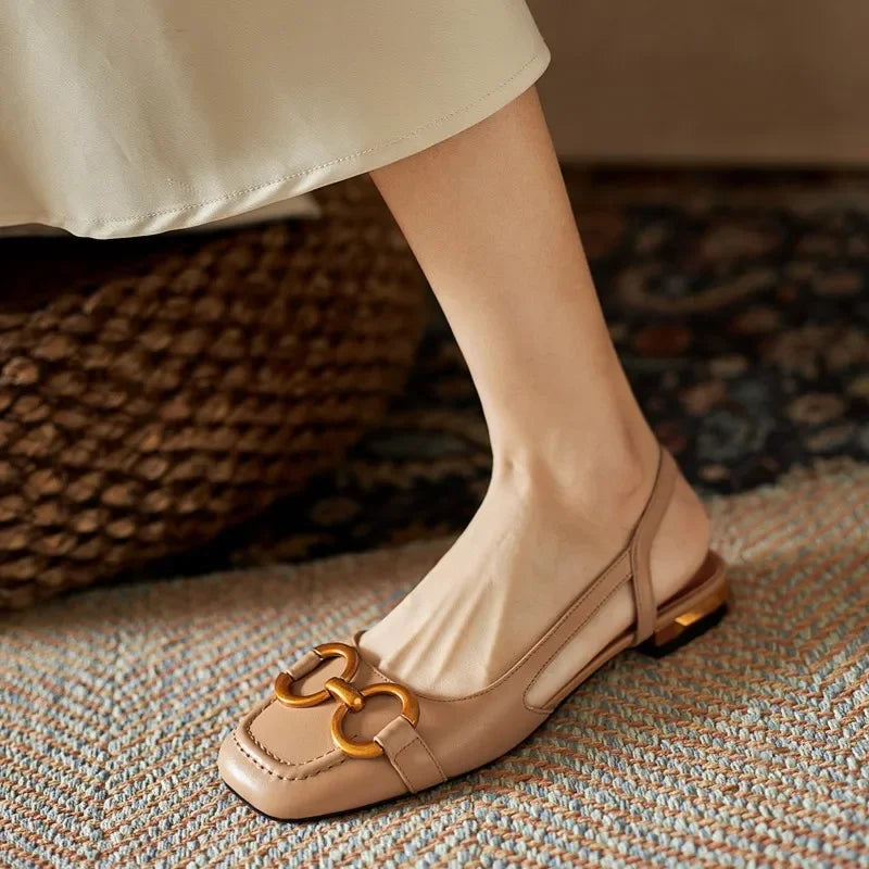 French Low Heel Retro Toe Cover Sandals Women Summer Empty Horse Bit Faux Leather Strap Sandals