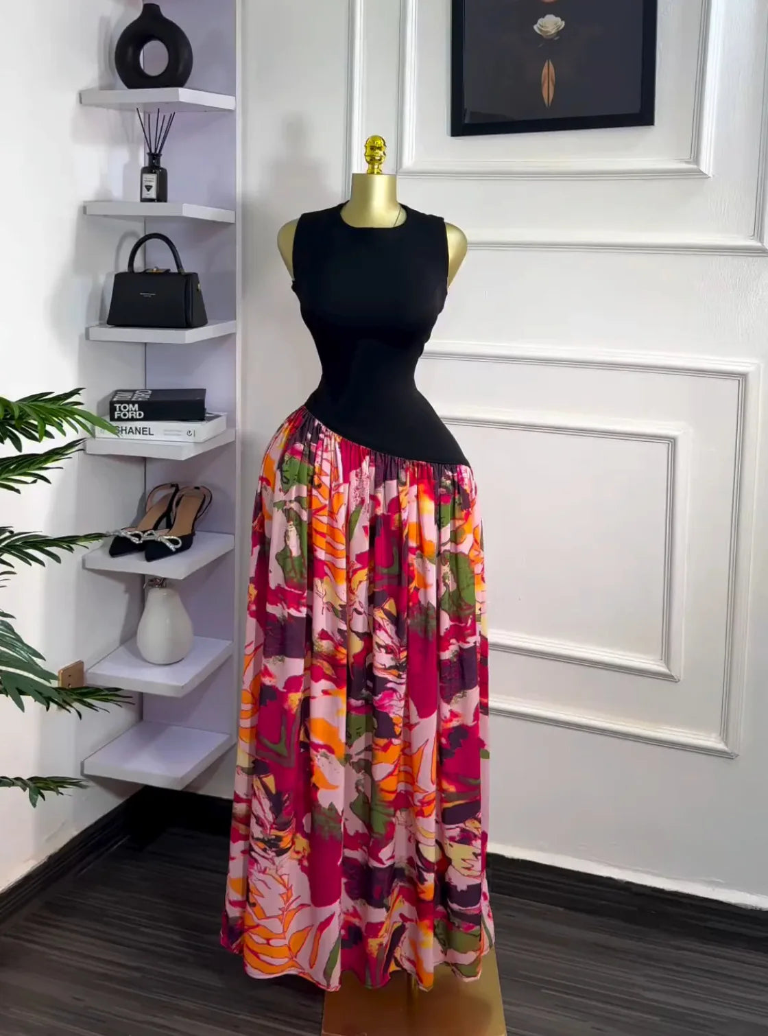 Sleeveless ashes Maxi Dress Printed Patchwork Tank Long Maxi Dress