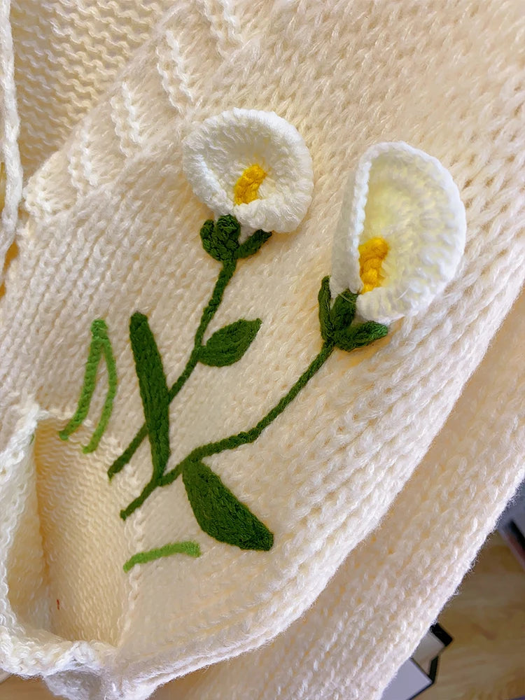 Women Handknit Floral Vintage Apricot Cardigan Women Sweater Clothes Knitwear