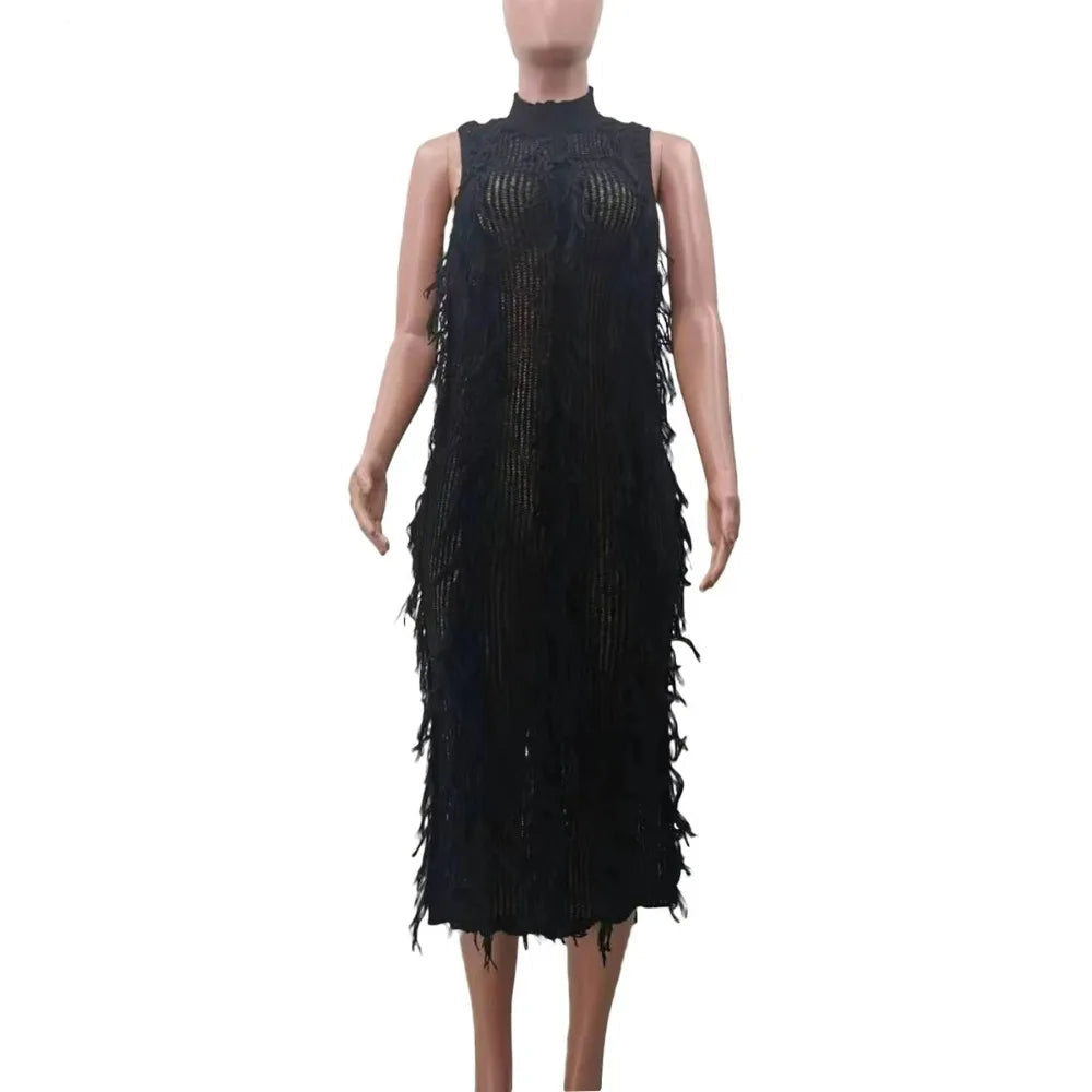 Fur Hollow Out Perspective Midi Dress Women Round Neck Sleeveless Slim Dress