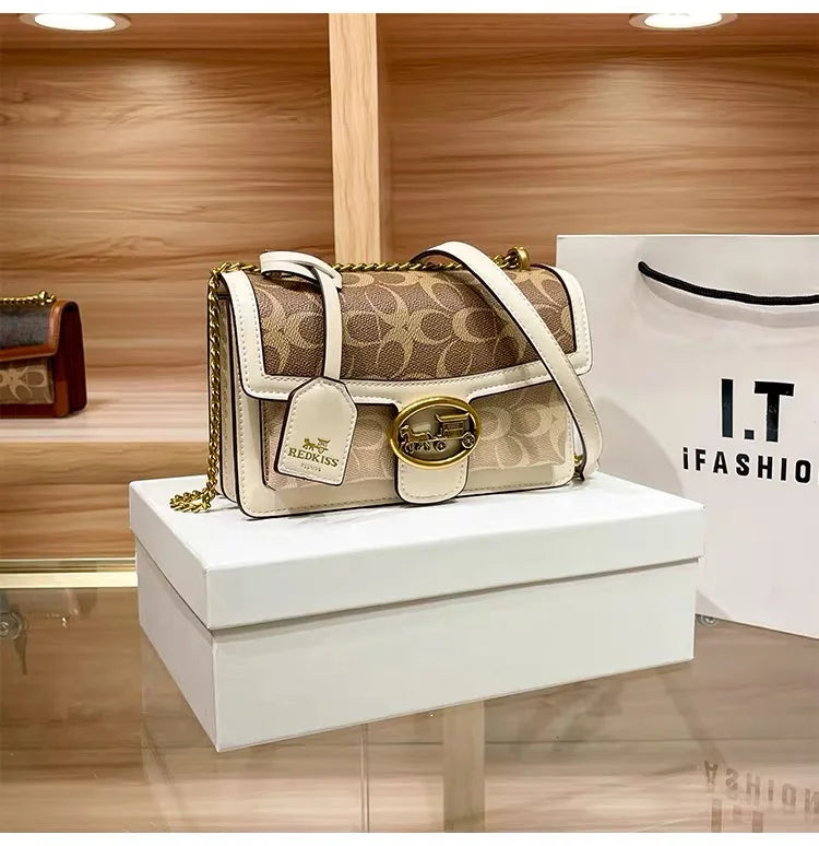 contrasting color women's bag, high-end carriage crossbody bag, portable box bag