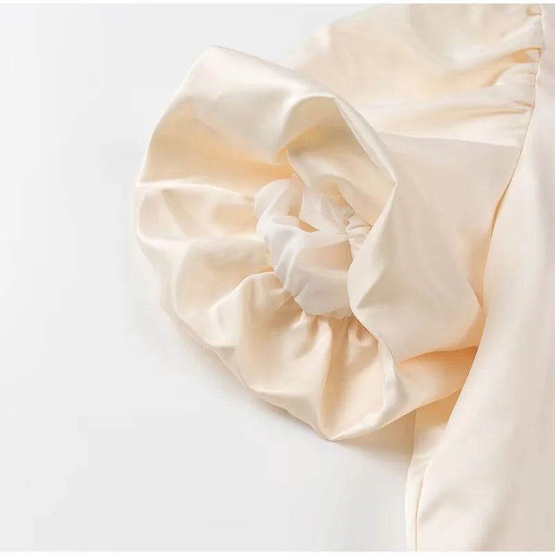 Solid Satin Women's Blouse Top With Pouf Balloon Sleeve O Neck Loose Blouses