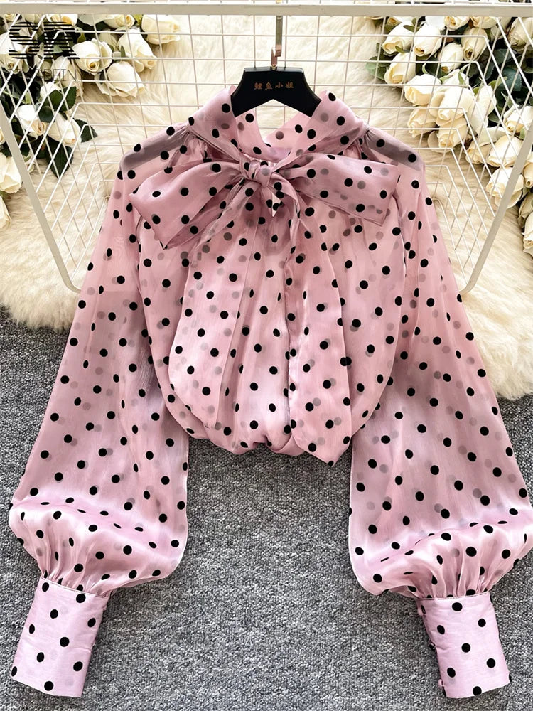 Vintage Polka Dot Tops Puff Sleeve Bow Lace Up Design Blouse