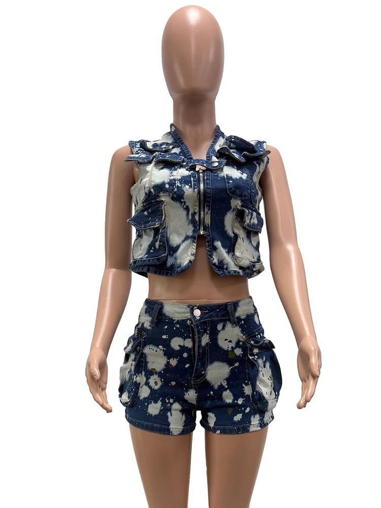 Printed Blue Denim Two 2 Pieces Women's Set Sleeveless Zipper Jacket Crop and Shorts
