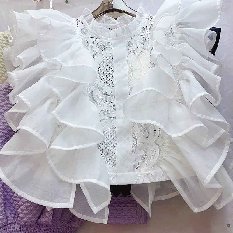 Women Blouse Shirts Stand Collar Y2k Tops Ruffles Lace Sexy Blouses