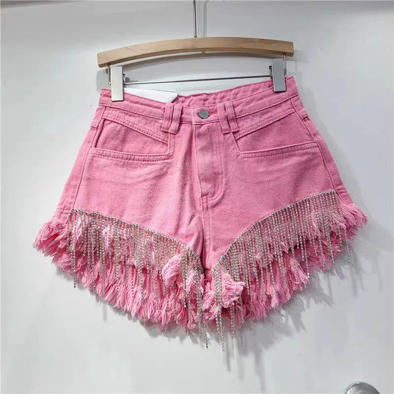Denim shorts women's heavy industry rhinestone design high waist hot pants
