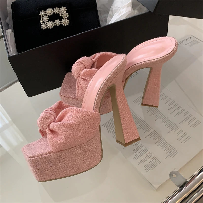 Chunky Platform Wedge Woman Slippers Butterfly-knot Open Toe Wedding Banquet Sandals High Heels Slide Shoes