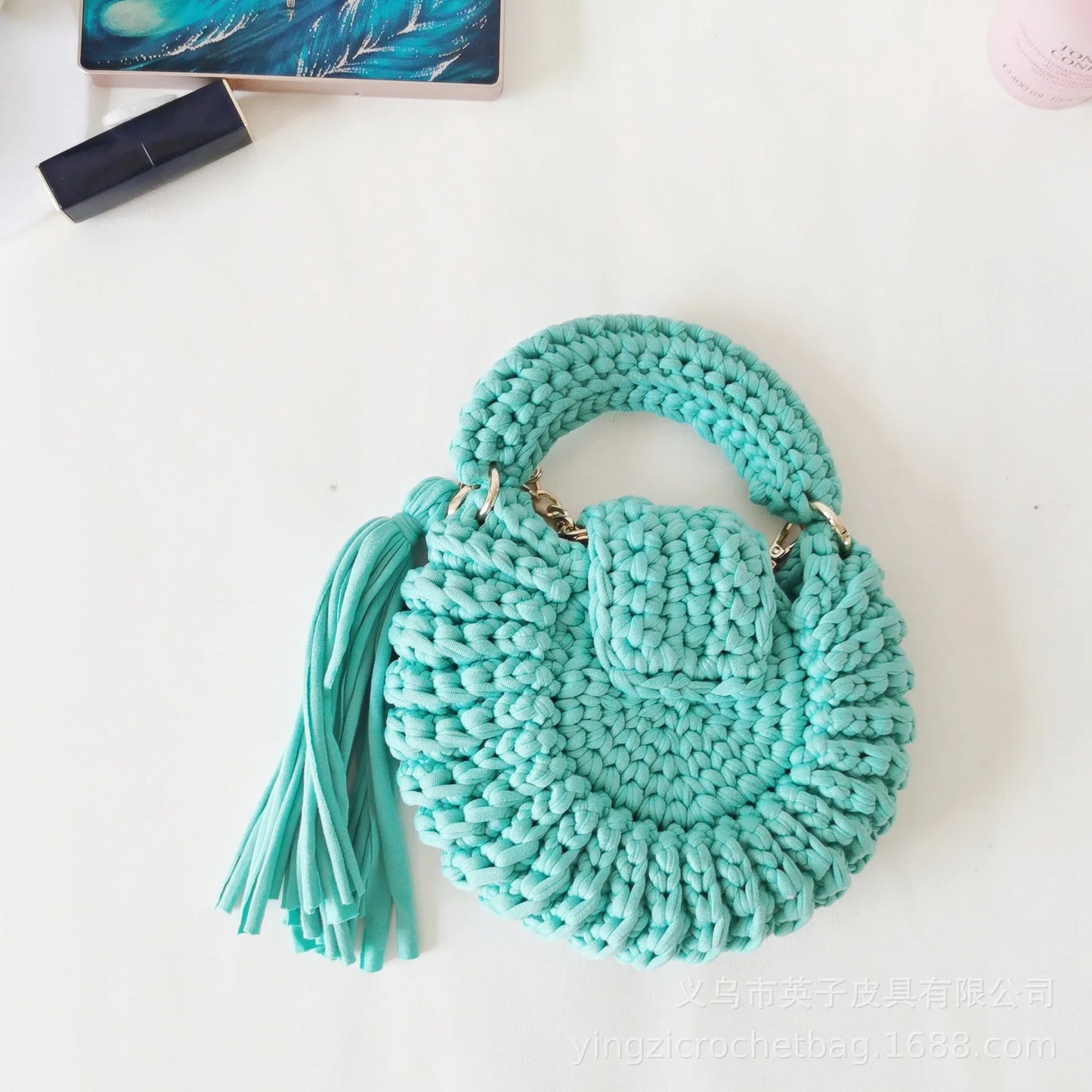 Bohemian Women's Solid Color Hook Knit Bag Round Fringed Small Crossbody Bag Soft Material