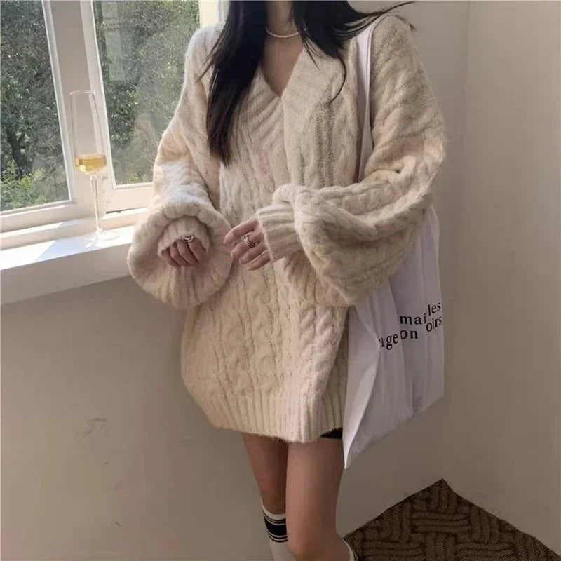 Lantern Sleeve Knit Sweater Women Korean Solid Twist V-Neck Pullover Jumper