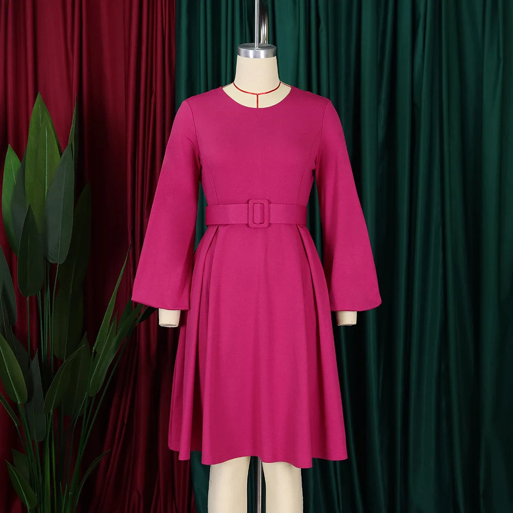 Elegant Office Dresses Women O Neck Full Sleeve Belt Waisted Pleated A Line Mid Calf Formal Female Business Work Wear Dress Midi