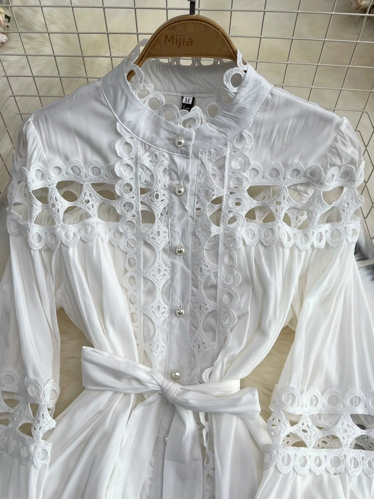 Retro Lantern Long Sleeve Single Breasted Elegance Dress