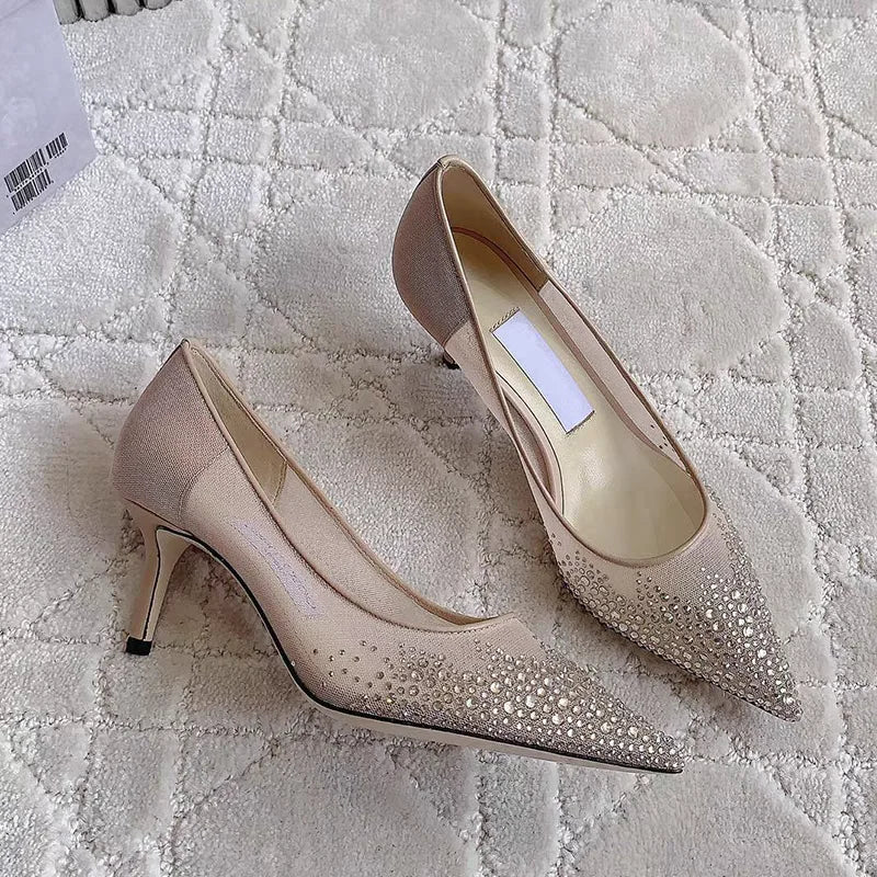 Mesh Pointed Shallow Mouth Sexy Pump Heels Stiletto Shoes Bridal Shoes