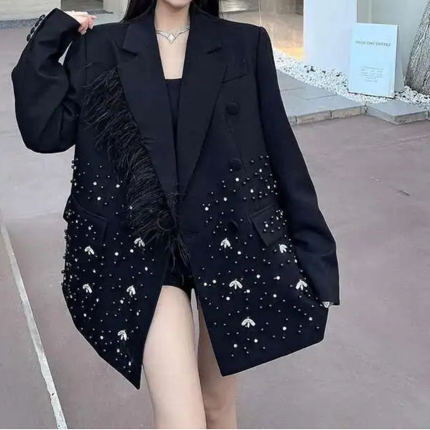 Stamping Nail Beads Blazer for Women's Notched Collar Double Breasted Loose Feather Patchwork Suit Jacket