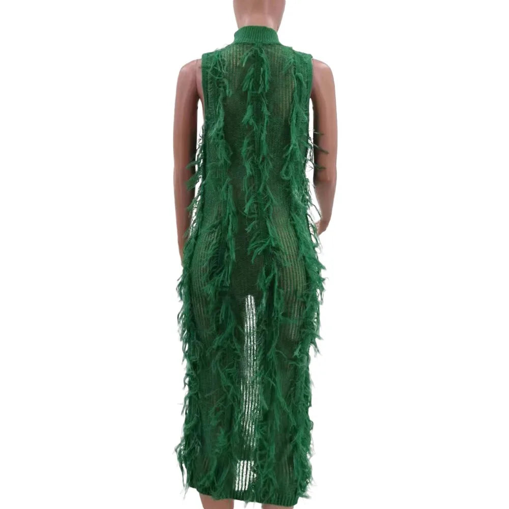 Fur Hollow Out Perspective Midi Dress Women Round Neck Sleeveless Slim Dress