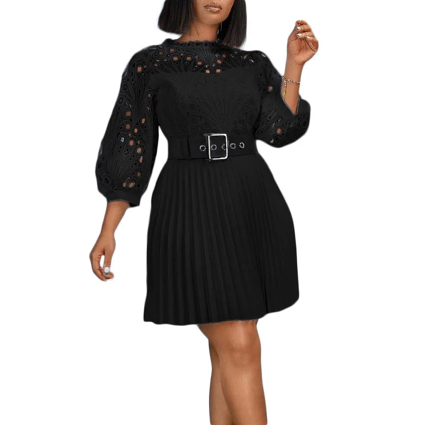 Elegant Dresses for Women O Neck Three Quarter Sleeve Belt Waisted Lace Patchwork Knee Length Luxury Female Birthday Party Dress