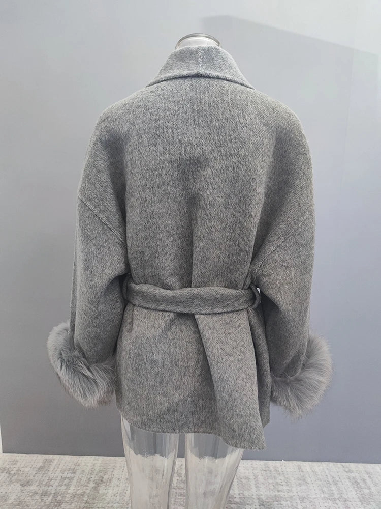 Women Overcoats Fur Patchwork Long Sleeve Woolen Coat