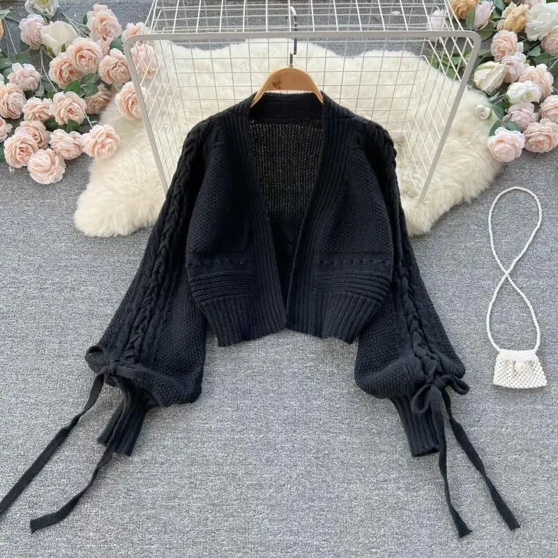 Green Casual Acrylic Knit V-Neck Lantern Long Sleeve Lace Up Women's Cardigan