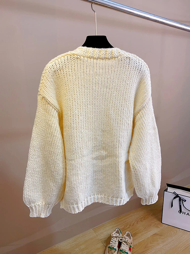 Women Handknit Floral Vintage Apricot Cardigan Women Sweater Clothes Knitwear