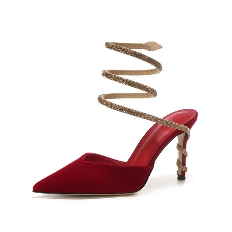 Women's Sexy Snake-Strap Rhinestone Suede Pointed High-heeled Wedding Shoes
