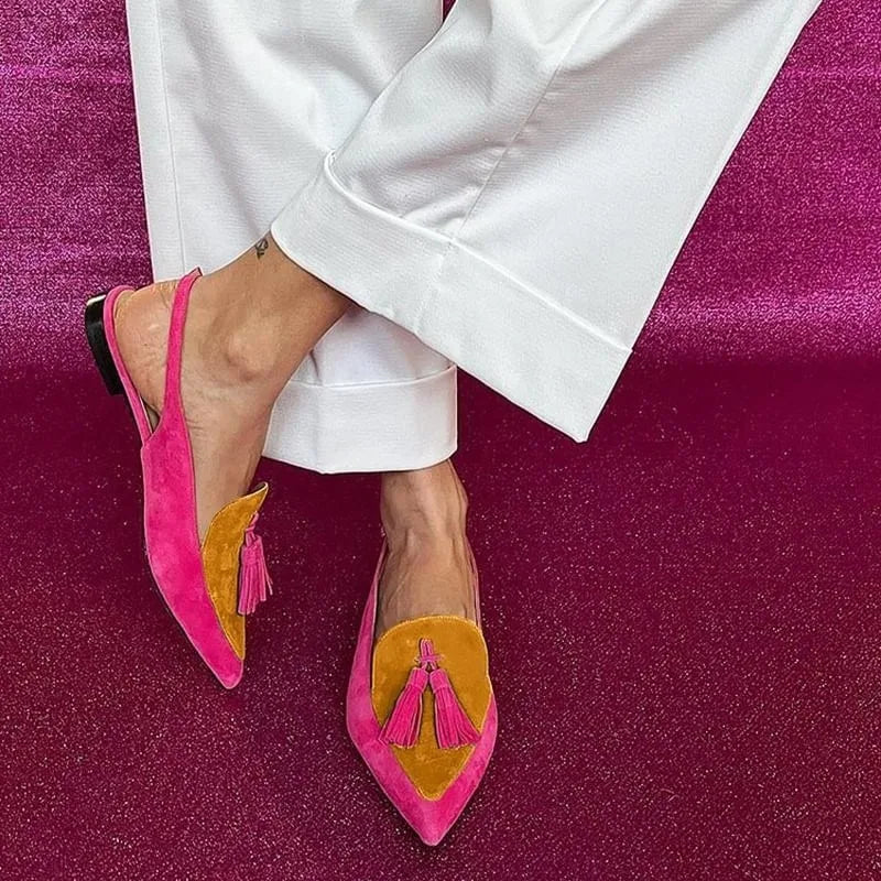 Color Block Women's Flat Shoes Pointed Tassel Low Heel Back Air Sandals