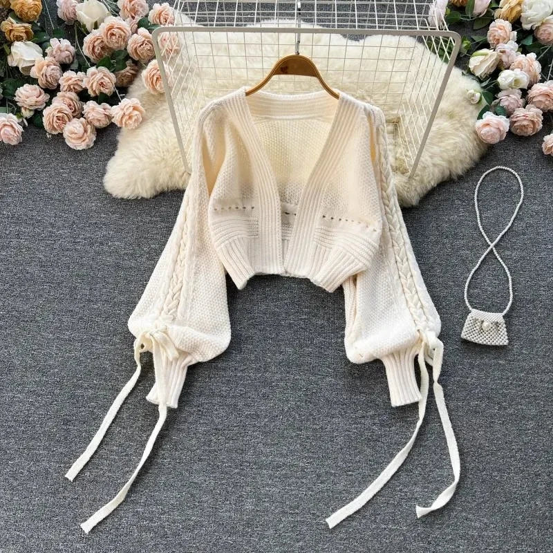 Green Casual Acrylic Knit V-Neck Lantern Long Sleeve Lace Up Women's Cardigan