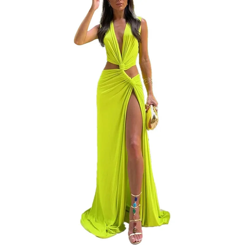 Party Maxi Dress Hollow Out Sexy Slit Evening Dresses for Woman V-neck Off-the-shoulder Sleeveless Formal Prom Gown