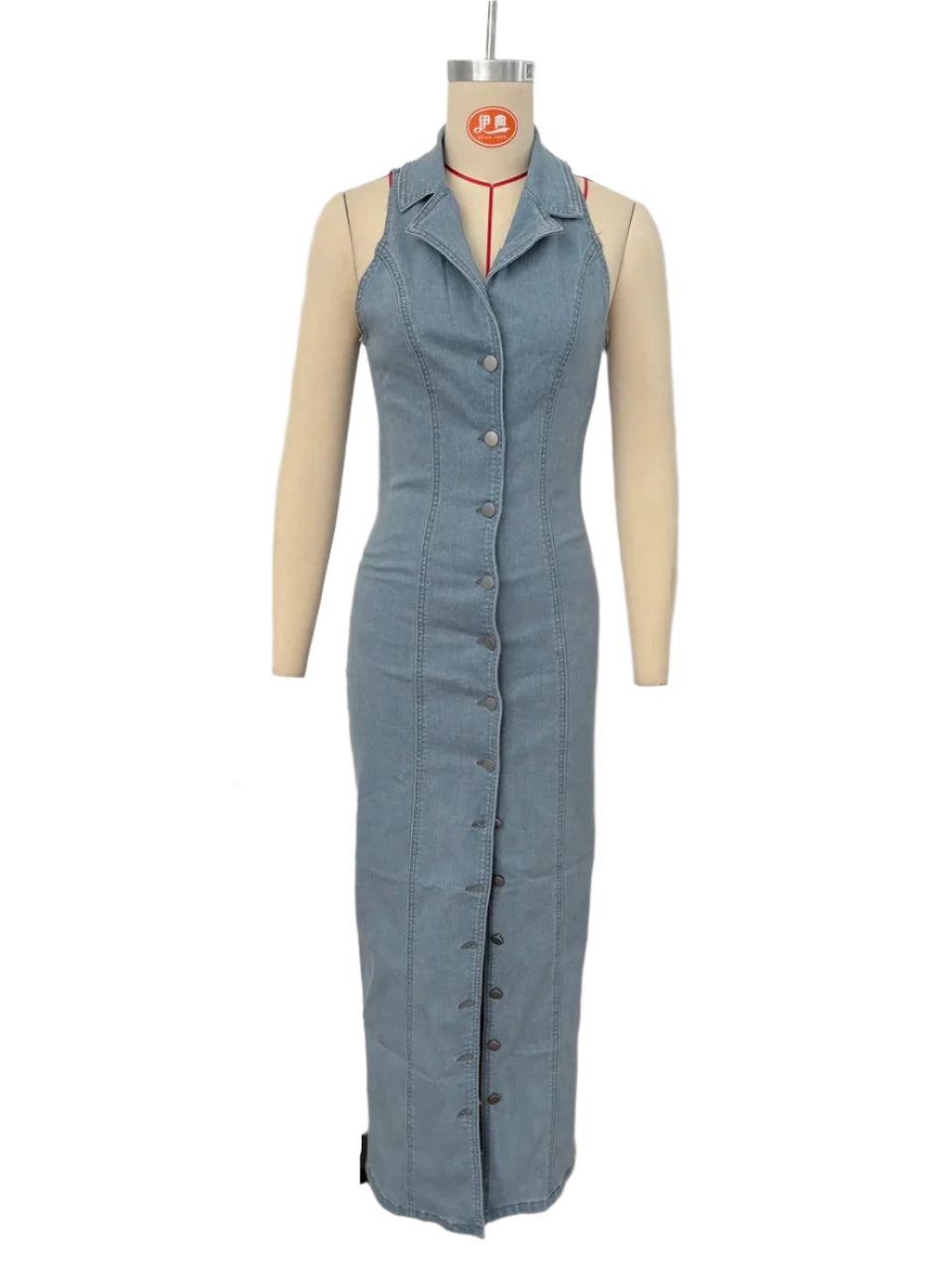 New Women's Sleeveless Denim Lapel Maxi Dresses With Long-Button