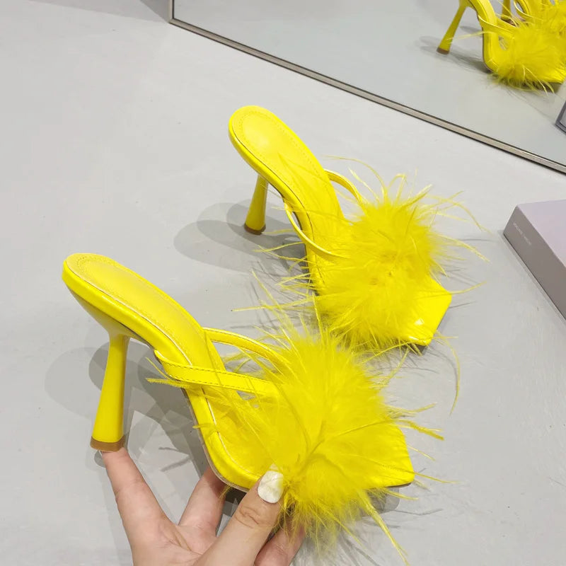 Fur Feather High Heels Slippers Sandals Women Summer Mules Ladies Shoes