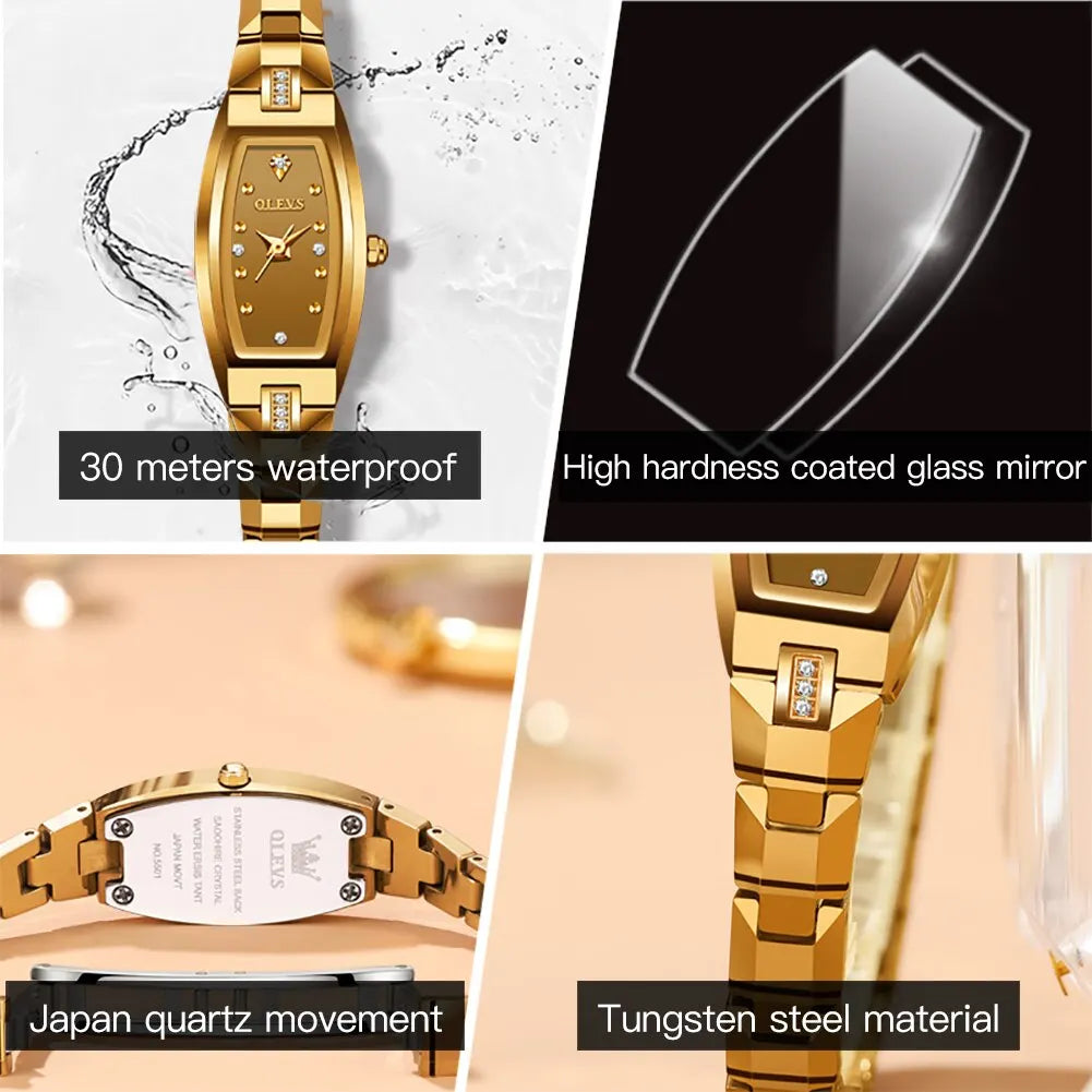 Slim Thin Luxury Tungsten Steel Band Tonneau Design Quartz Ladies Watch