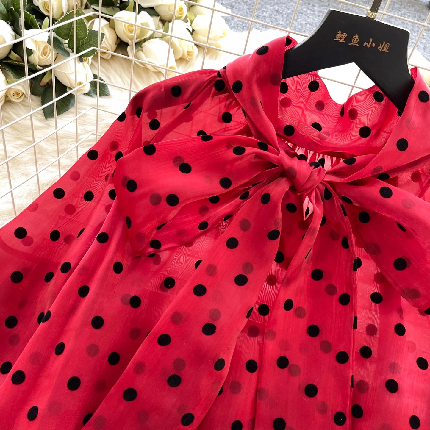 Vintage Polka Dot Tops Puff Sleeve Bow Lace Up Design Blouse