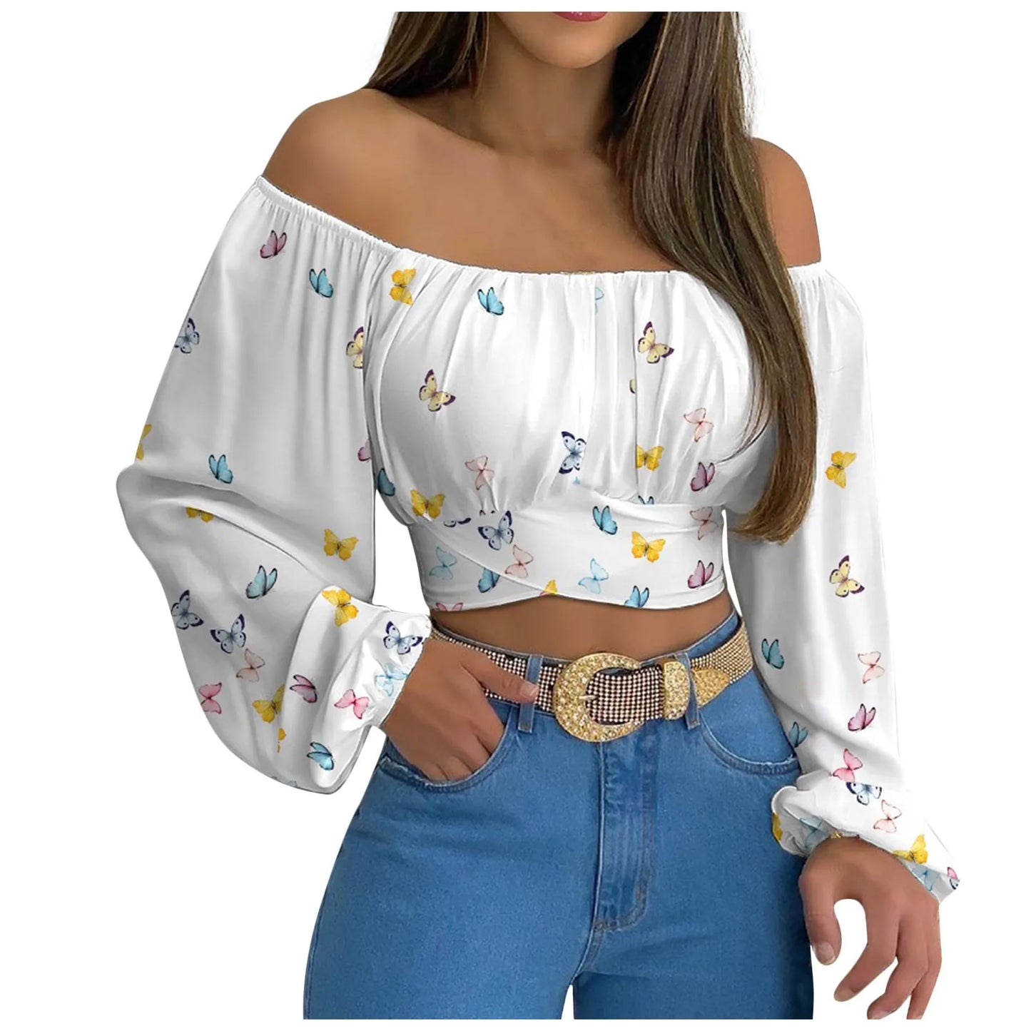 Women Sexy Off Shoulder Print Blouses Chic and Elegant Lantern Long Sleeve Cropped Top